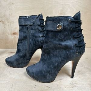Cynthia Vincent Womens Blue Satin Lace Zip High Heel Ankle Boots Shoes Size 5.5